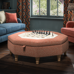 Delamere Octagonal Storage Ottoman 121cm (48") with Chess Board Inlay in Linwood Tango Weaves Carmine - Top Edge Self Piped - 12.7cm (5") Turned Leg Oak - No Trim Delamere Octagonal Storage Ottoman 121cm (48") with Chess Board Inlay in Linwood Tango Weaves Carmine - Top Edge Self Piped - 12.7cm (5") Turned Leg Oak - No Trim