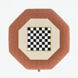 Delamere Octagonal Storage Ottoman 121cm (48") with Chess Board Inlay in Linwood Tango Weaves Carmine - Top Edge Back Tacked - 12.7cm (5") Turned Leg Oak - No Trim Delamere Octagonal Storage Ottoman 121cm (48") with Chess Board Inlay in Linwood Tango Weaves Carmine - Top Edge Back Tacked - 12.7cm (5") Turned Leg Oak - No Trim